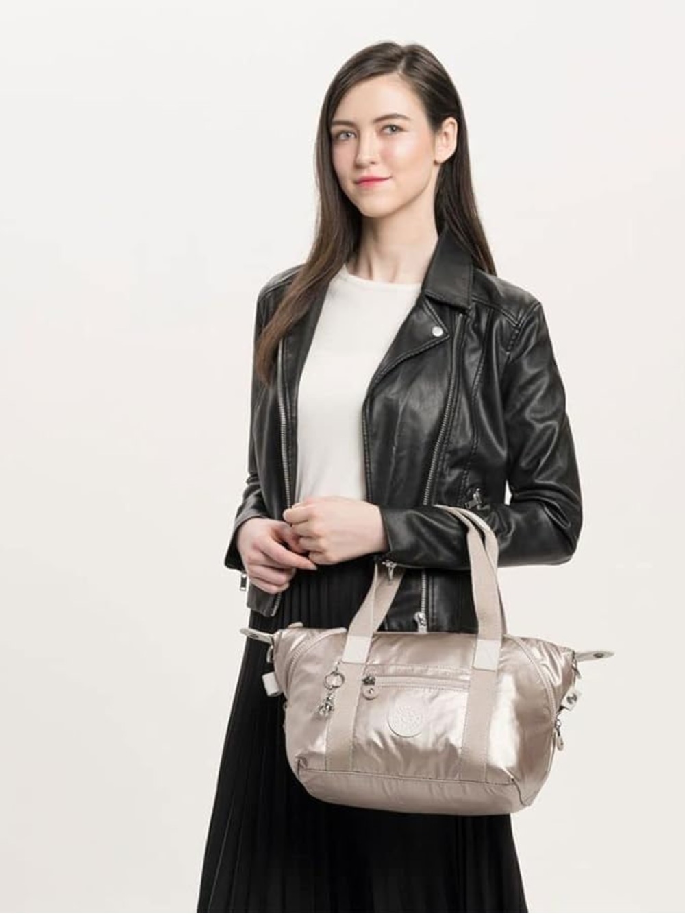 Kipling Shiny Metallic Silver Mini Satchel Bag Monkey Keychain - Picture 7 of 7